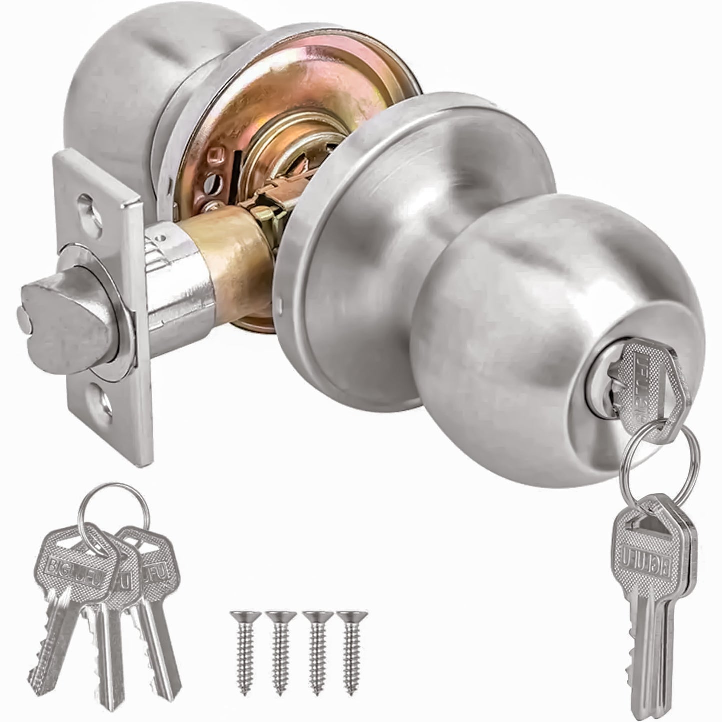 1 Set Doorknob, Entry Doorknobs Lock with Keys, for Front Door, Exterior and Interior Doors, Satin Nickel Finish