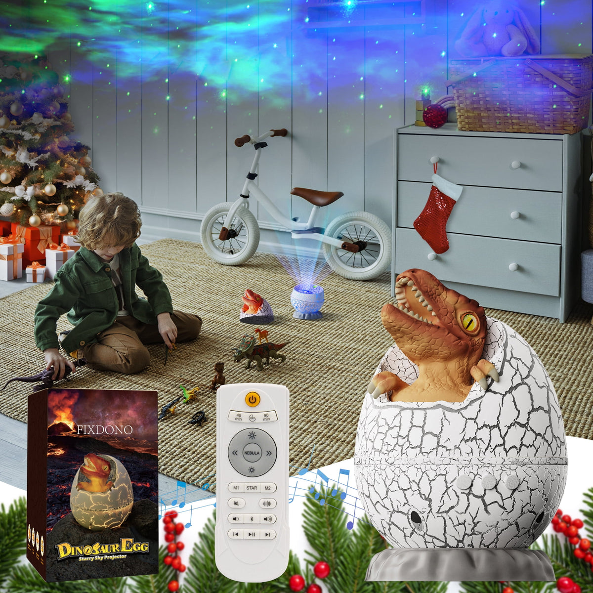 Dinosaur Egg Galaxy Projector, 8 Light Modes Aurora Projector with Music & Timer, Room Decor, Soothing Sleep Aid Gift for Girls/Boys