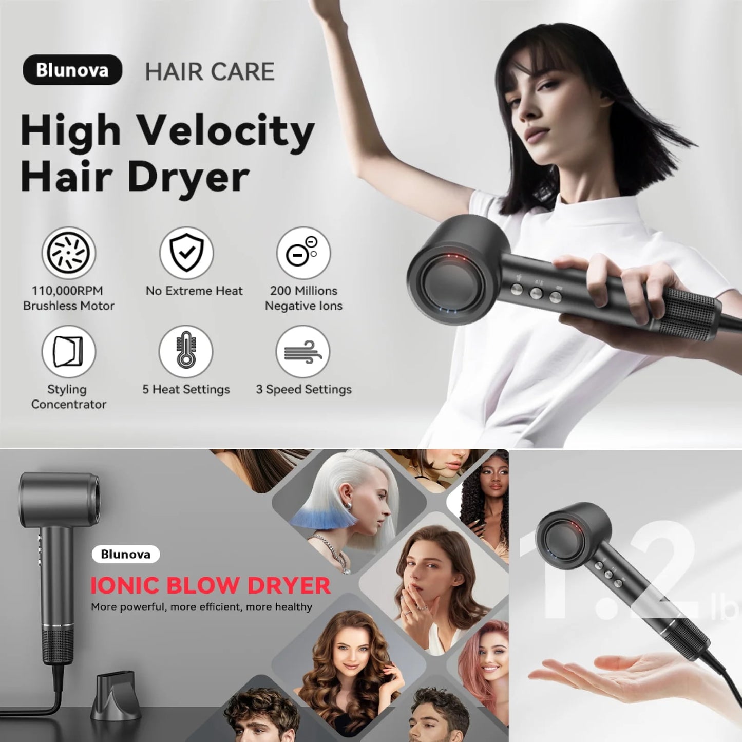 Fixdono Professional High Speed Ionic Hair Dryer with Magnetic Nozzle, Fast Drying, Low Noise