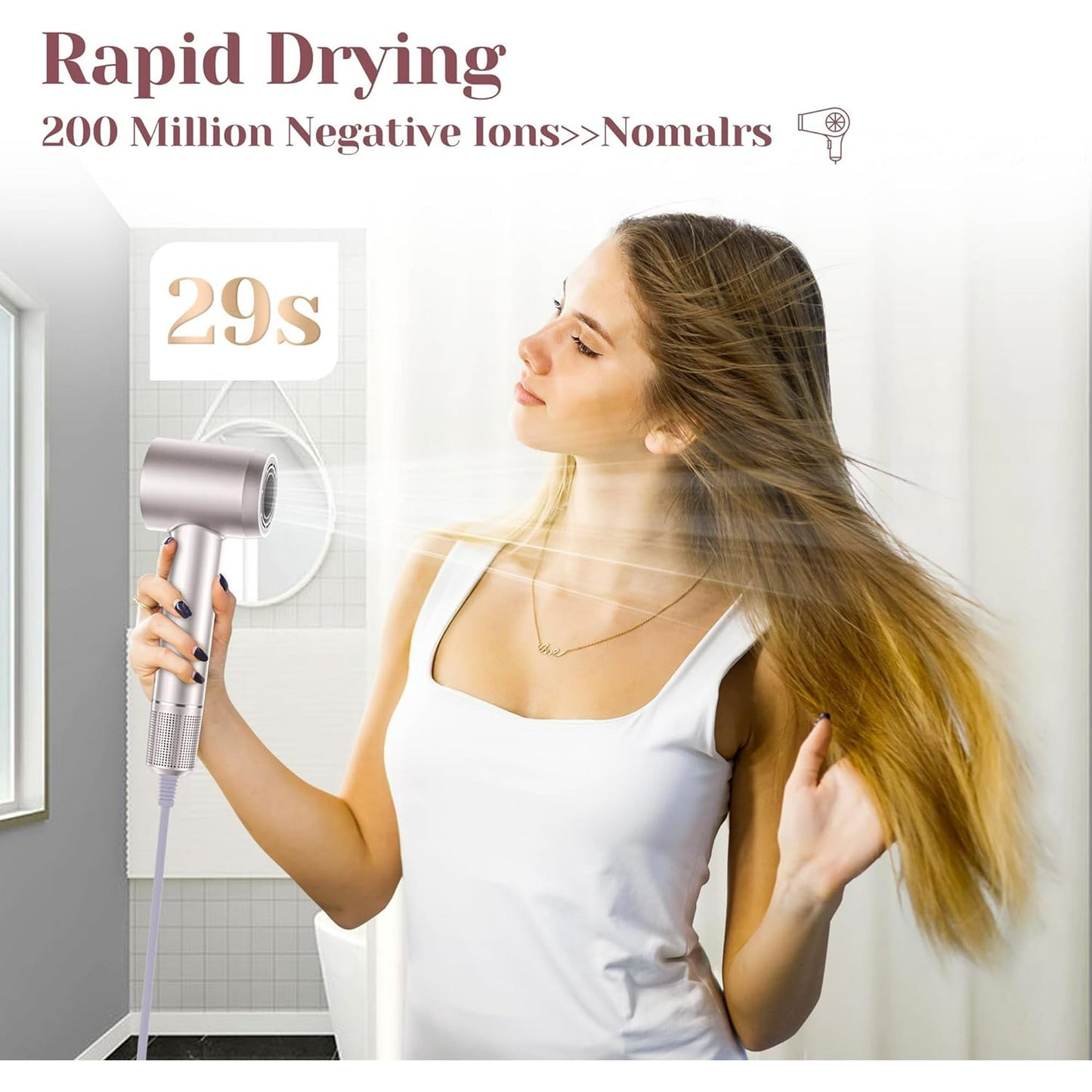 Hair Dryer, 110,000RPM High Speed Motor for Fast Drying, Low Noise Thermal Control Hair Dryer with Diffuser and Nozzle, Negative Ionic Blow Dryer for Women and Men (Rose Gold)