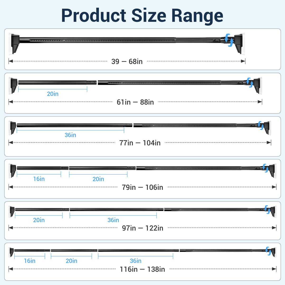 Fixdono Shower Curtain Rod, No Drill Adjustable Tension Curtain Rod, 39-138 in Extra Long Non-Slip, Stainless Steel, Black
