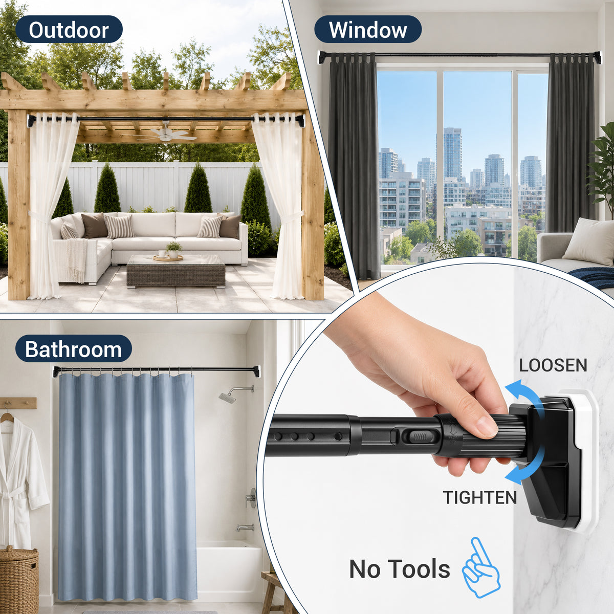 Fixdono Shower Curtain Rod, No Drill Adjustable Tension Curtain Rod, 39-138 in Extra Long Non-Slip, Stainless Steel, Black