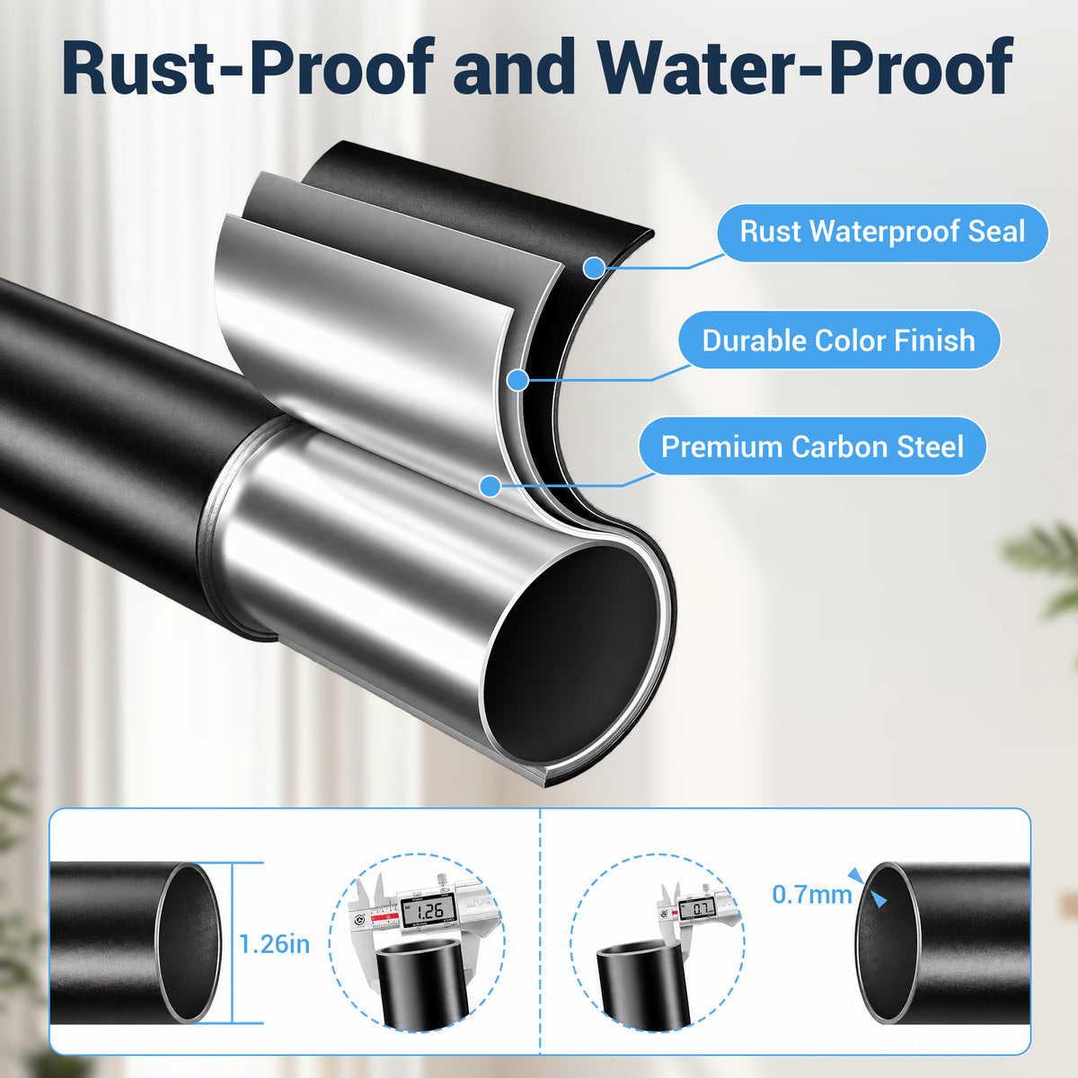 Fixdono Shower Curtain Rod, No Drill Adjustable Tension Curtain Rod, 39-138 in Extra Long Non-Slip, Stainless Steel, Black