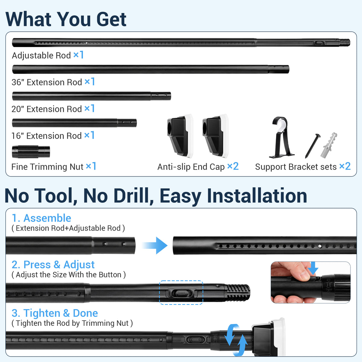 Fixdono Shower Curtain Rod, No Drill Adjustable Tension Curtain Rod, 39-138 in Extra Long Non-Slip, Stainless Steel, Black