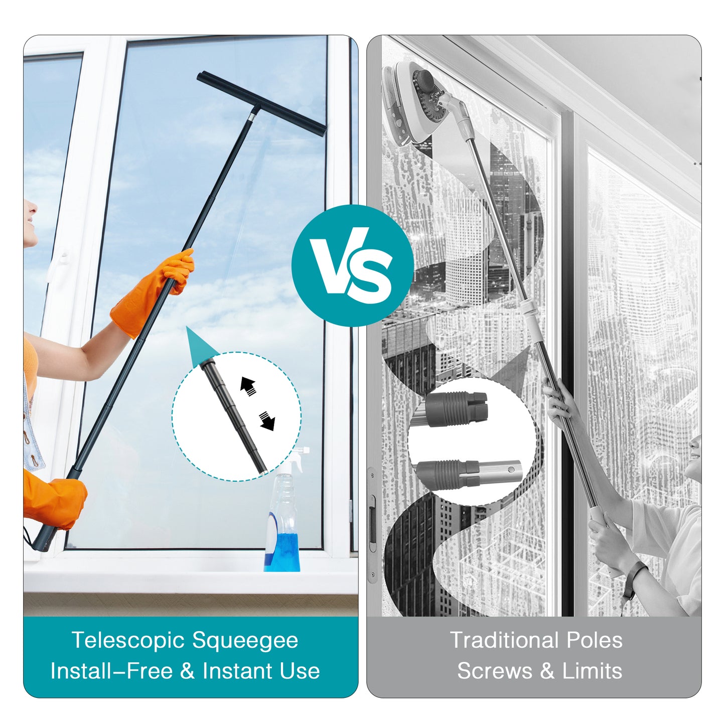 Tidymend Shower Squeegee for Glass Doors, 12-47'' Telescopic Window Squeegee for Shower Glass, Floor, Car Windshield