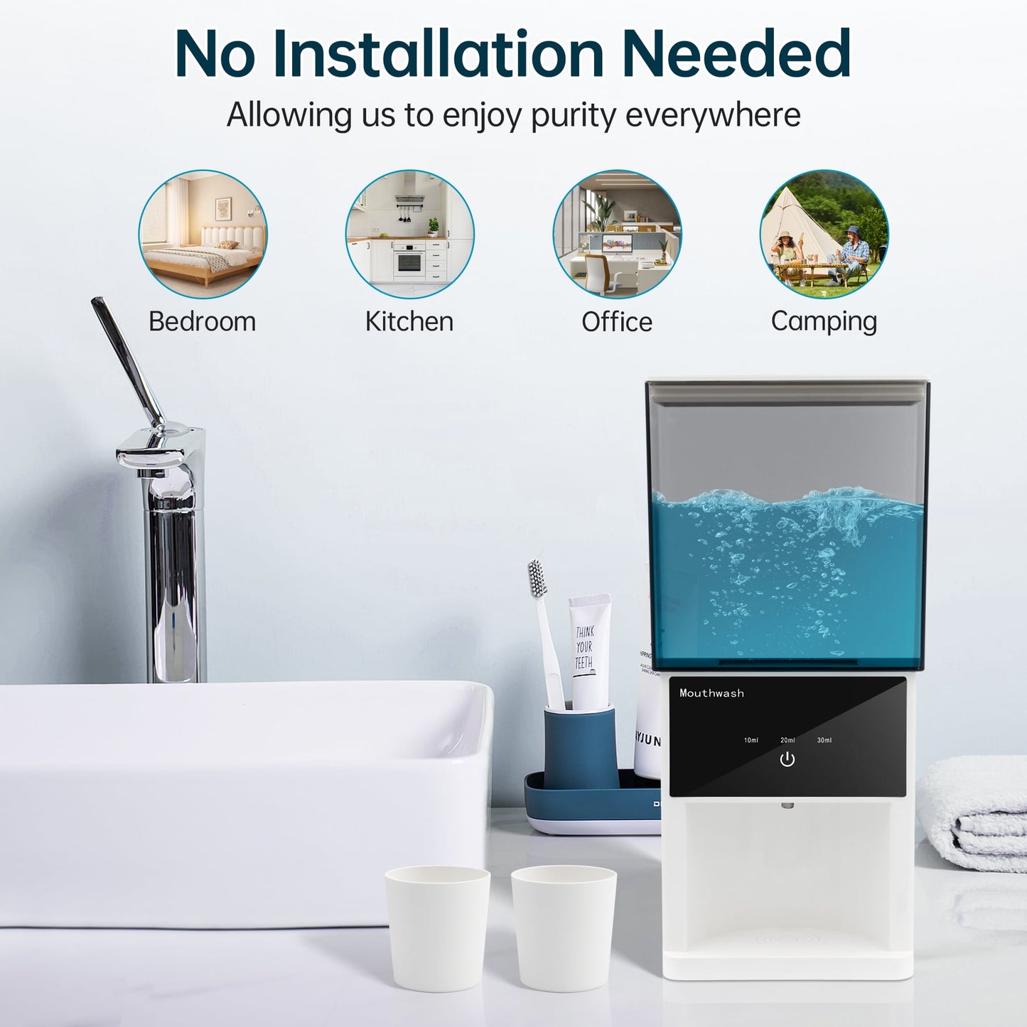 Sentryse 20oz Automatic Mouthwash Dispenser, 3 Dispensing Levels, Electric Mouth Wash Dispensers for Bathroom, Smart Mouthwash Dispenser with 2 Magnetic Cups, Wall-Mounted＆Countertop