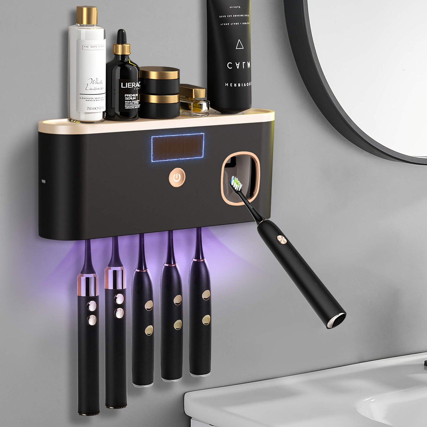 Toothbrush Holders for Bathrooms, UV Toothbrush Sanitizer Wall Mounted with Toothpaste Dispenser, Large Capacity Tray, Tooth Brushing Holder & Bathroom Accessories