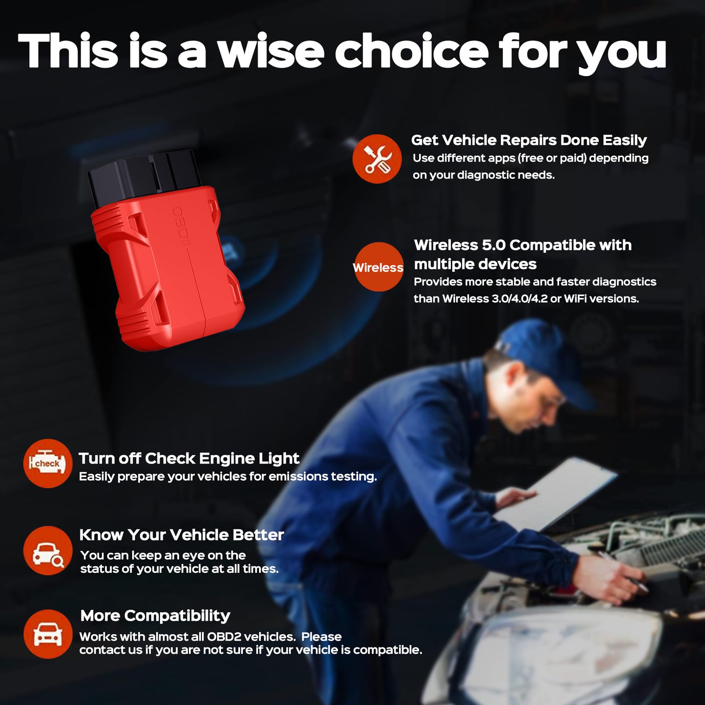 Fixdono OBD2 Scanner Bluetooth, Car Code Reader for iOS & Android, Exclusive APP & No Subscription Fee, OBDII Car Scanner Diagnostic Scan Tool
