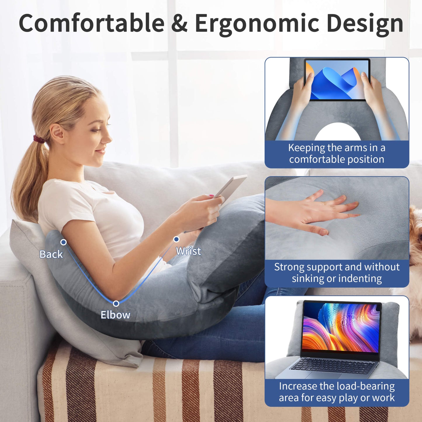 Sentryse Reading Gaming Pillow, Lap Desk Pillow Arm Support Pillow for Reading Gaming Working Crocheting, Grey