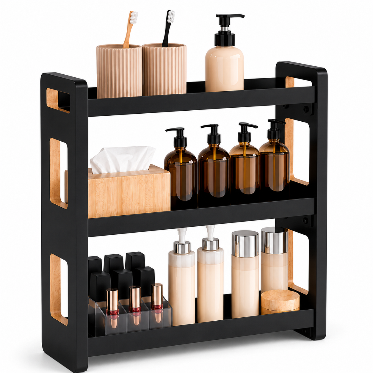 Fixdono 3 Tier Bathroom Counter Organizer, Wood-Look Counter Shelf for Toothbrush Holders, Under Sink Organizer, Spice Rack, Black