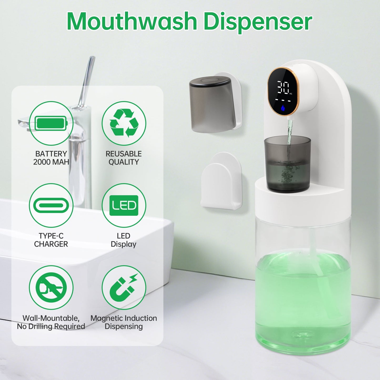 Automatic Mouthwash Dispenser for Bathroom, 20oz /600ml Rechargeable Electric Mouthwash Dispenser with Magnetic Cups, 180-Day Battery life, 4 Dispensing Levels, Wall Mounted ＆ Countertop Use