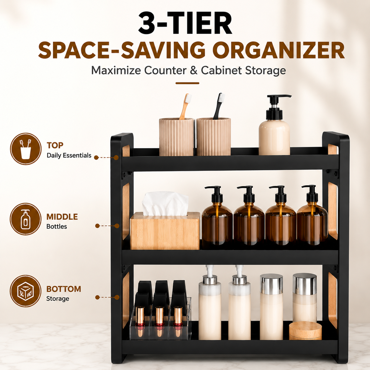 Fixdono 3 Tier Bathroom Counter Organizer, Wood-Look Counter Shelf for Toothbrush Holders, Under Sink Organizer, Spice Rack, Black