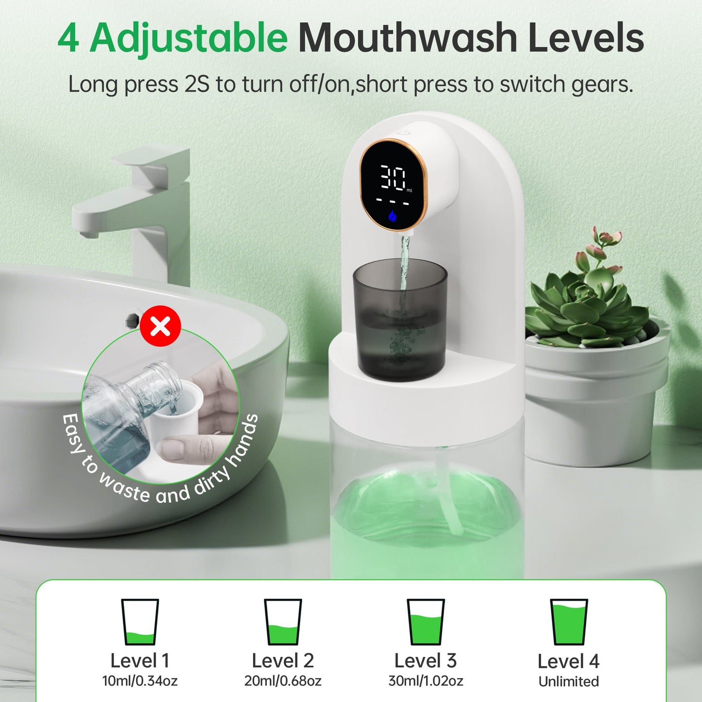 Automatic Mouthwash Dispenser for Bathroom, 20oz /600ml Rechargeable Electric Mouthwash Dispenser with Magnetic Cups, 180-Day Battery life, 4 Dispensing Levels, Wall Mounted ＆ Countertop Use