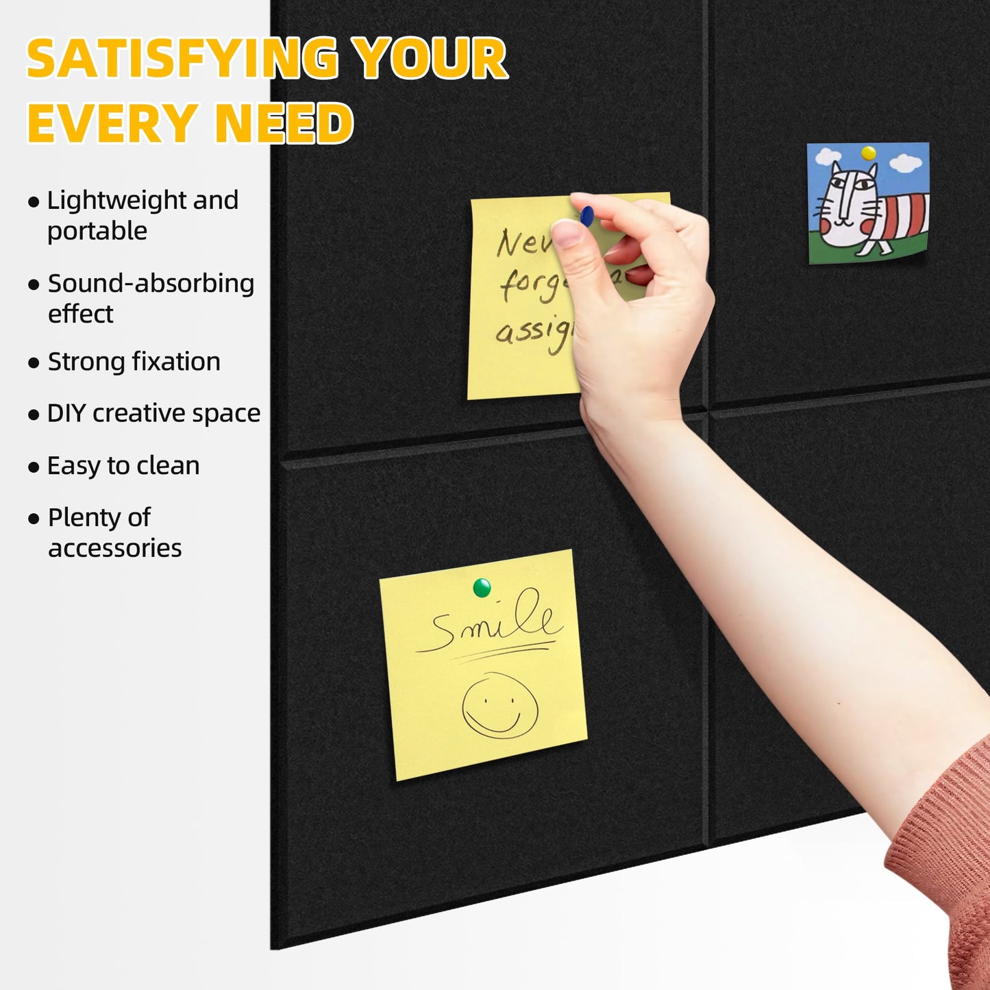 Fixdono Felt Tile Bulletin Board, 16 Pack Felt Wall Tiles with 100 Push Pins,10 Push Pin Clips, Sticky Notes, Large Alternative Cork Board for Walls Home Office, 47 X 47 inches