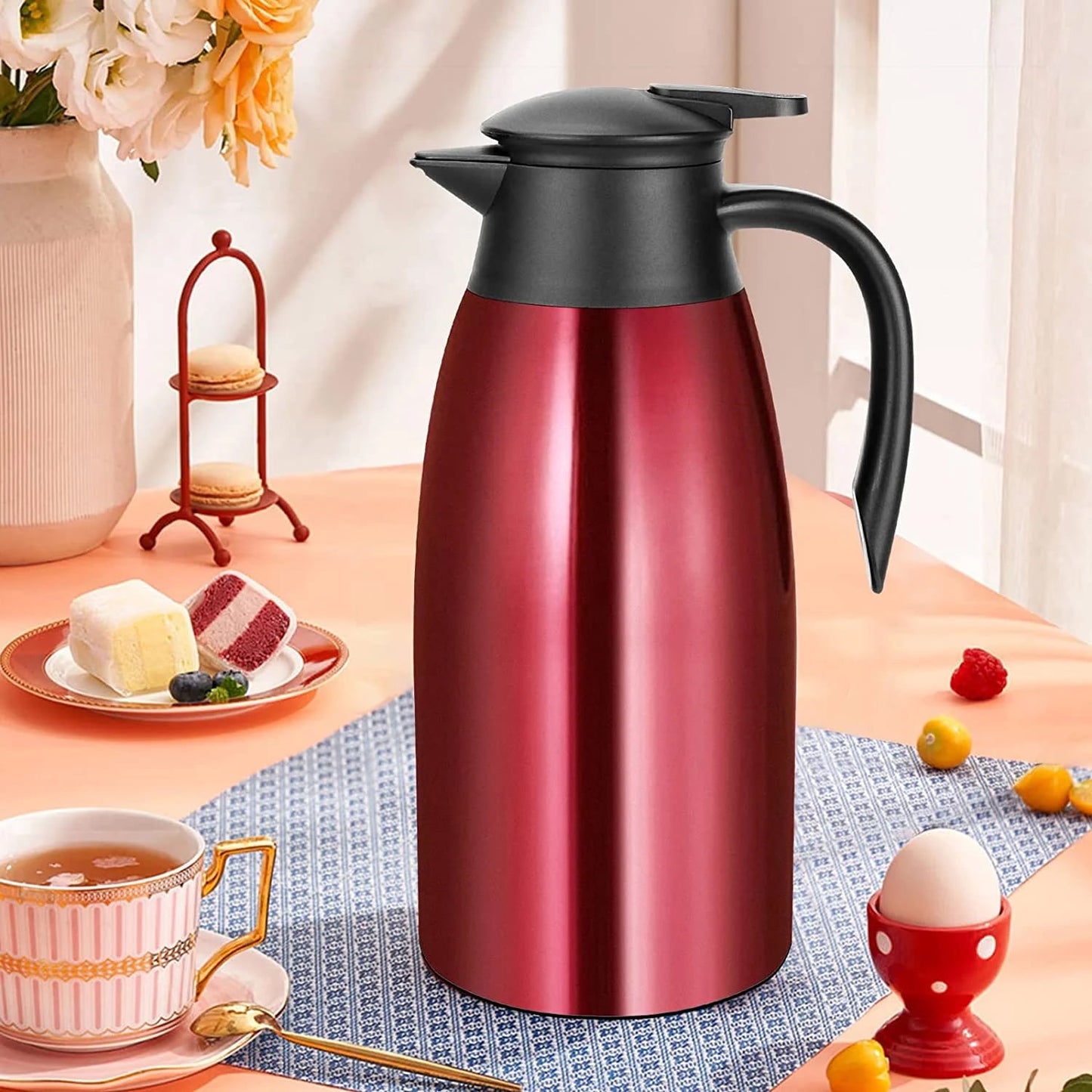 68oz Thermal Coffee Carafe, Stainless Steel Vacuum Insulated Coffee Thermos for Hot and Cold Beverage (Red）