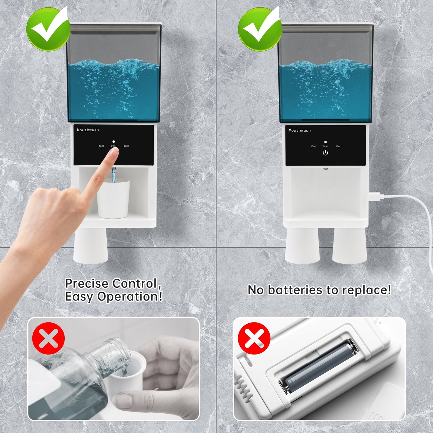 Sentryse 20oz Automatic Mouthwash Dispenser, 3 Dispensing Levels, Electric Mouth Wash Dispensers for Bathroom, Smart Mouthwash Dispenser with 2 Magnetic Cups, Wall-Mounted＆Countertop