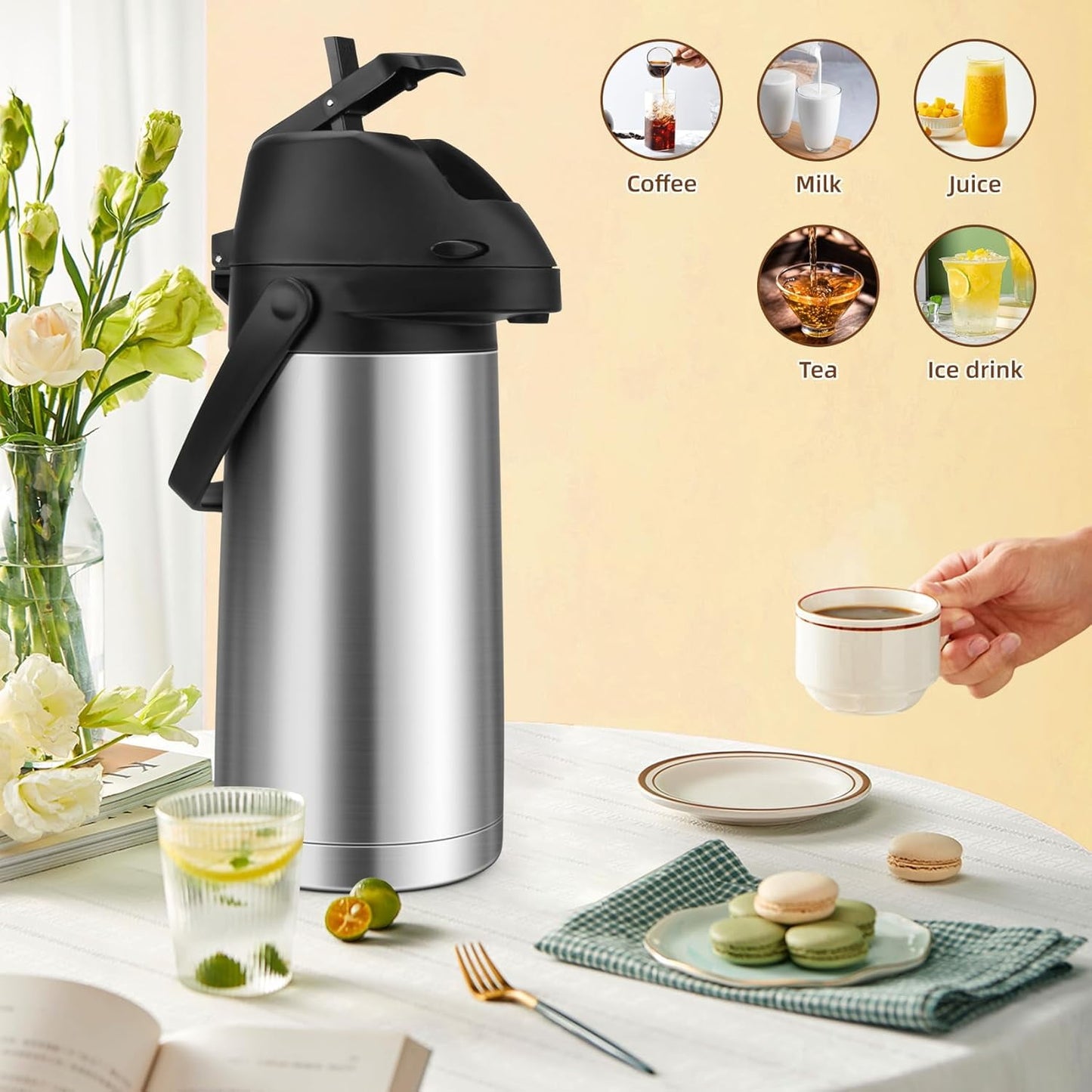 Tidymend 65oz Thermal Airpot Carafe with Pump, Stainless Steel Vacuum Insulated Coffee Dispenser for Hot and Cold Beverage (Silver）