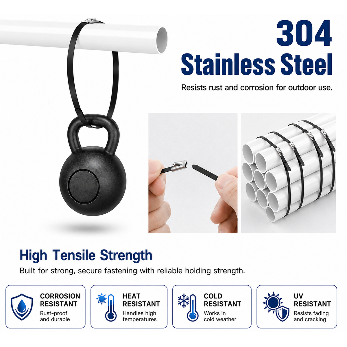 Cable Tie Gun Kit with 300pcs Stainless Steel Zip Ties, 3 Sizes (8", 12", 16"), Heavy-Duty Tensioning & Cutting Tool for Chain Link Fence, Exhaust Wrap