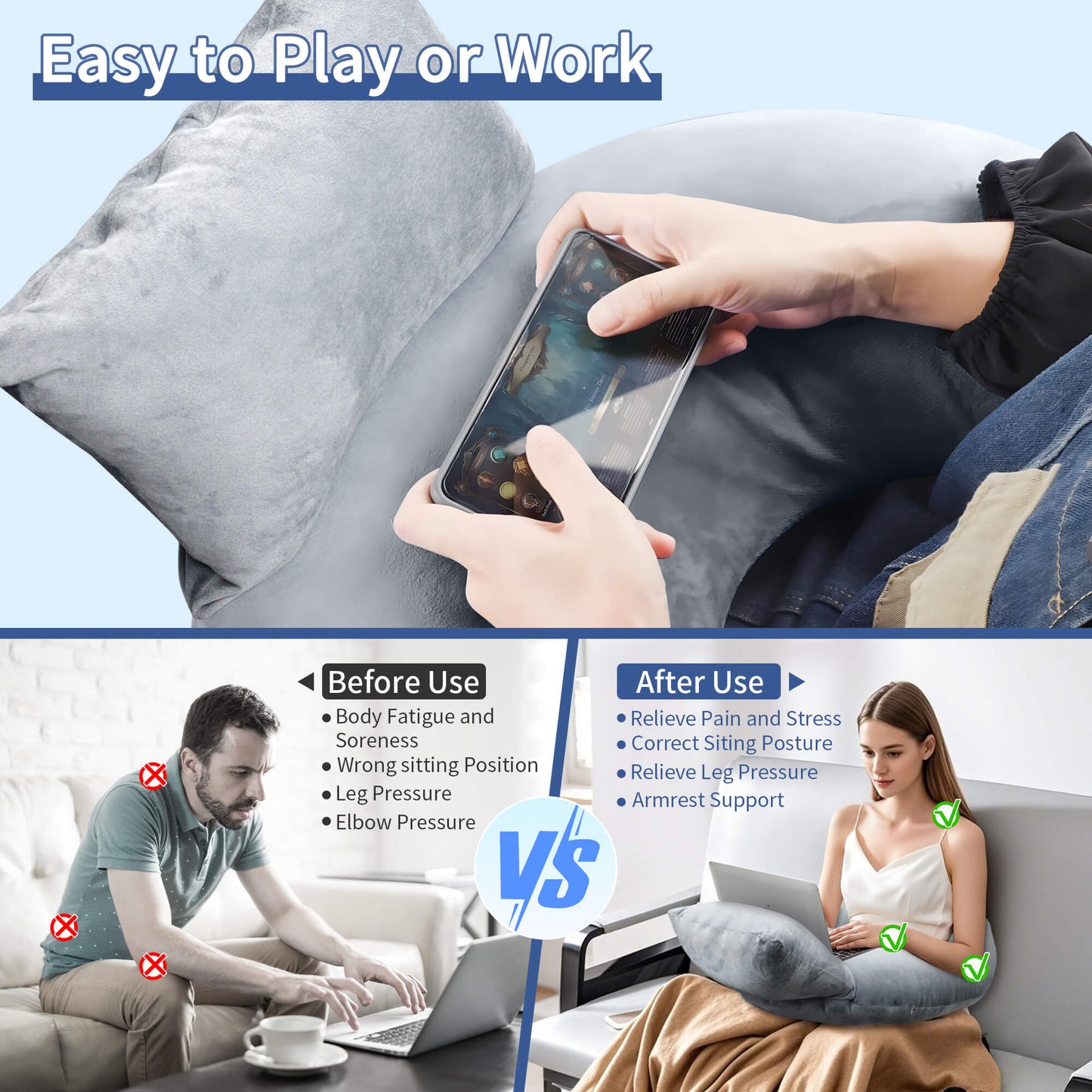 Sentryse Reading Gaming Pillow, Lap Desk Pillow Arm Support Pillow for Reading Gaming Working Crocheting, Grey