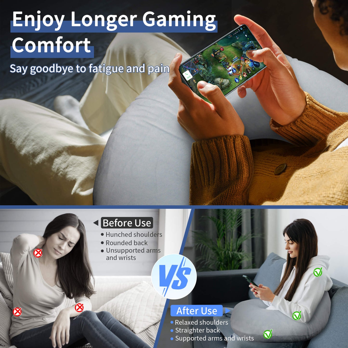 Sentryse Reading Pillow for Gaming, Lap Desk Pillow for Sitting in Bed or Sofa, Compact Arm Support Pillow for Reading, Playing or Crocheting, Grey
