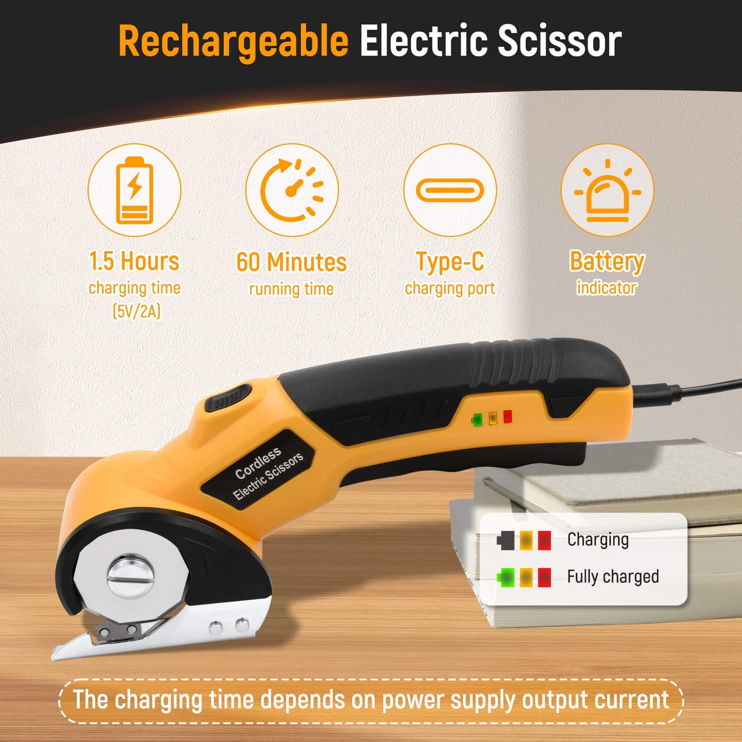 Tidymend Cordless Electric Scissors, 4V Rechargeable Cardboard Cutter with LED Light ＆ Replacement Blade, Rotary Cutter with Safety Lock for Fabric Carpet Leather Plastic Cutting (Yellow)