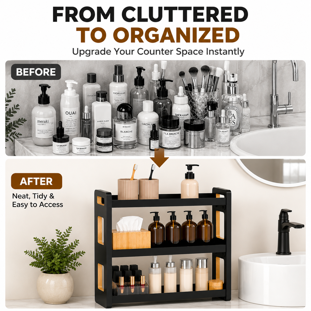 Fixdono 3 Tier Bathroom Counter Organizer, Wood-Look Counter Shelf for Toothbrush Holders, Under Sink Organizer, Spice Rack, Black