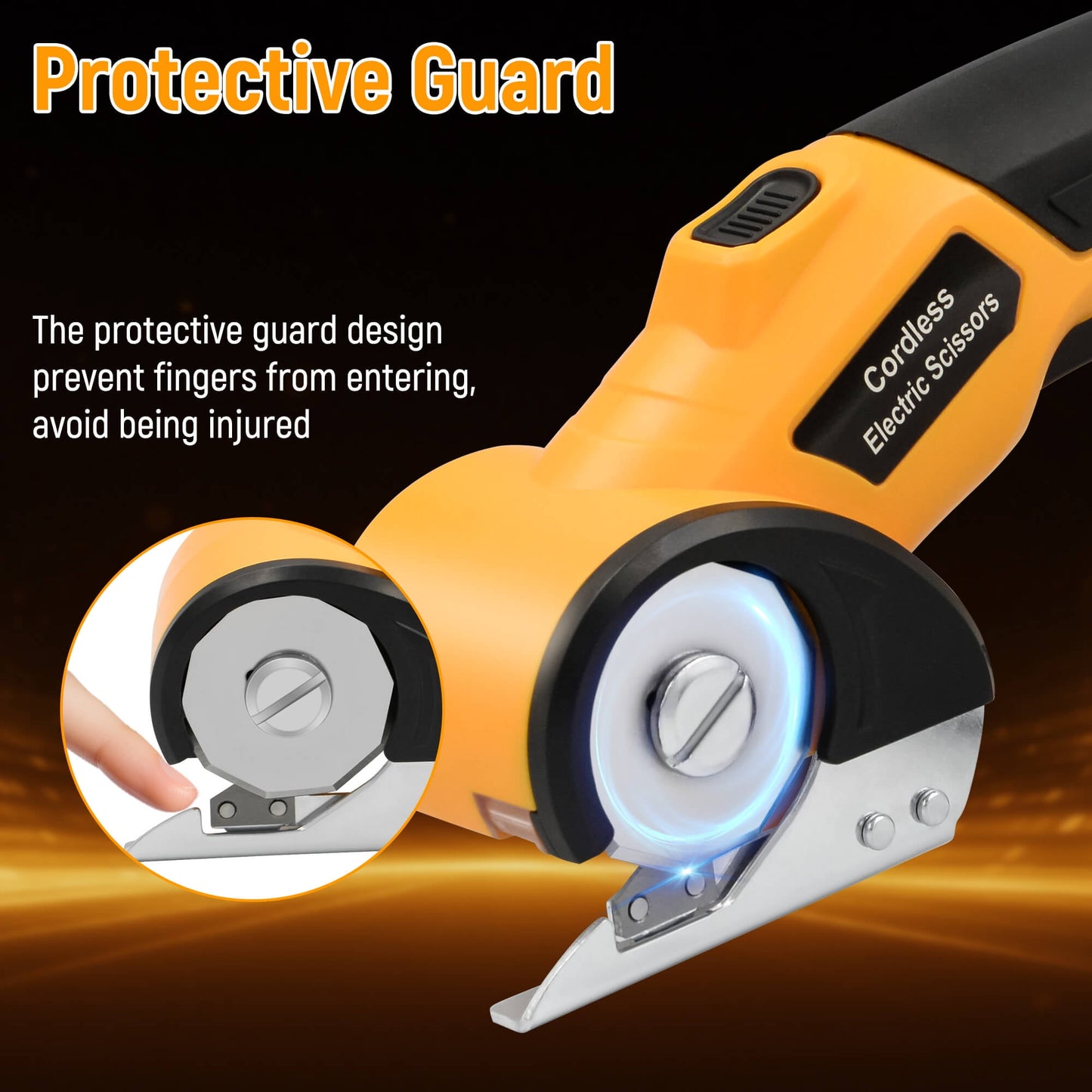 Tidymend Cordless Electric Scissors, 4V Rechargeable Cardboard Cutter with LED Light ＆ Replacement Blade, Rotary Cutter with Safety Lock for Fabric Carpet Leather Plastic Cutting (Yellow)