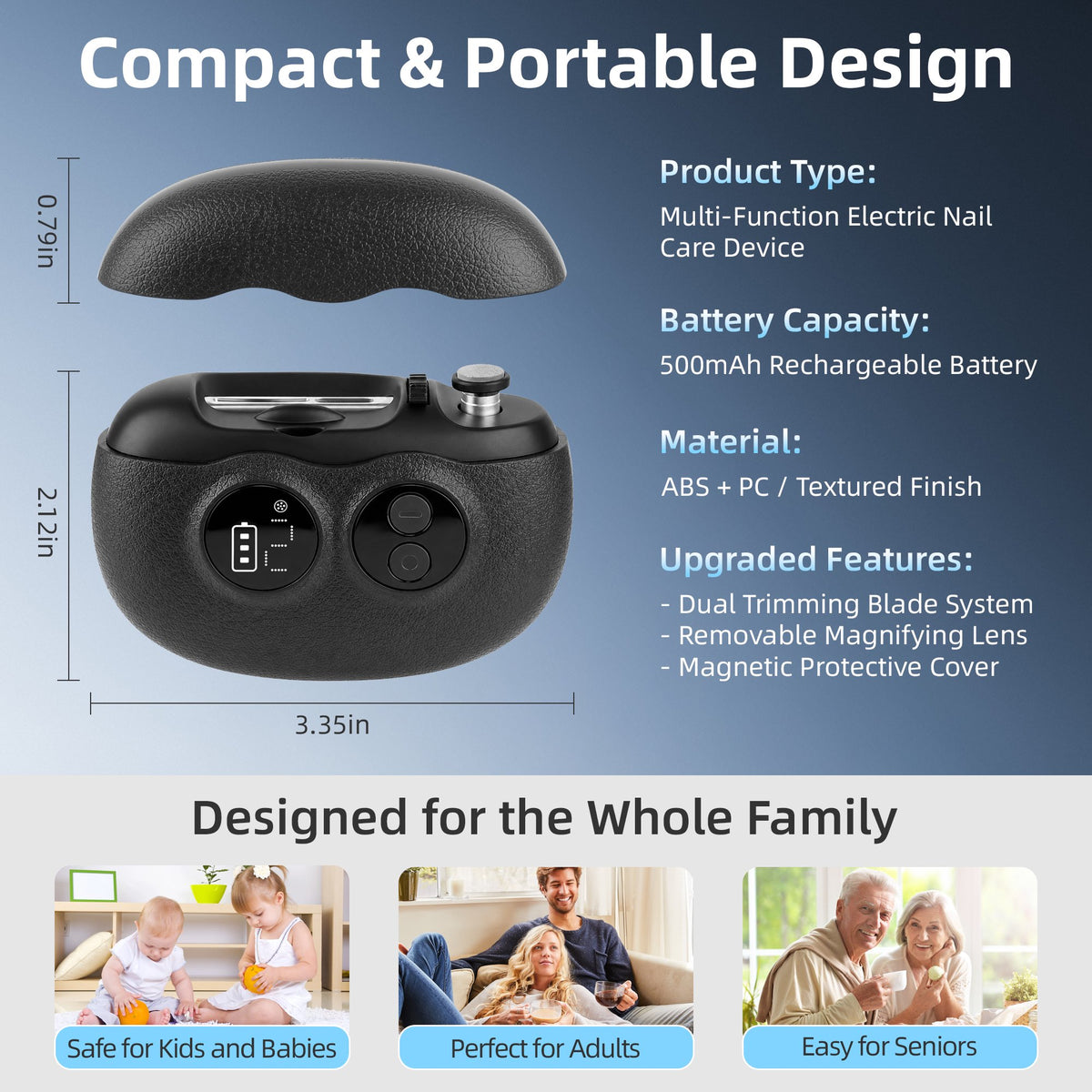 Electric Nail Clipper for Seniors, 2-Speed Nail Trimmer with Dual-Blade Design, LED Light and Magnifier, Black