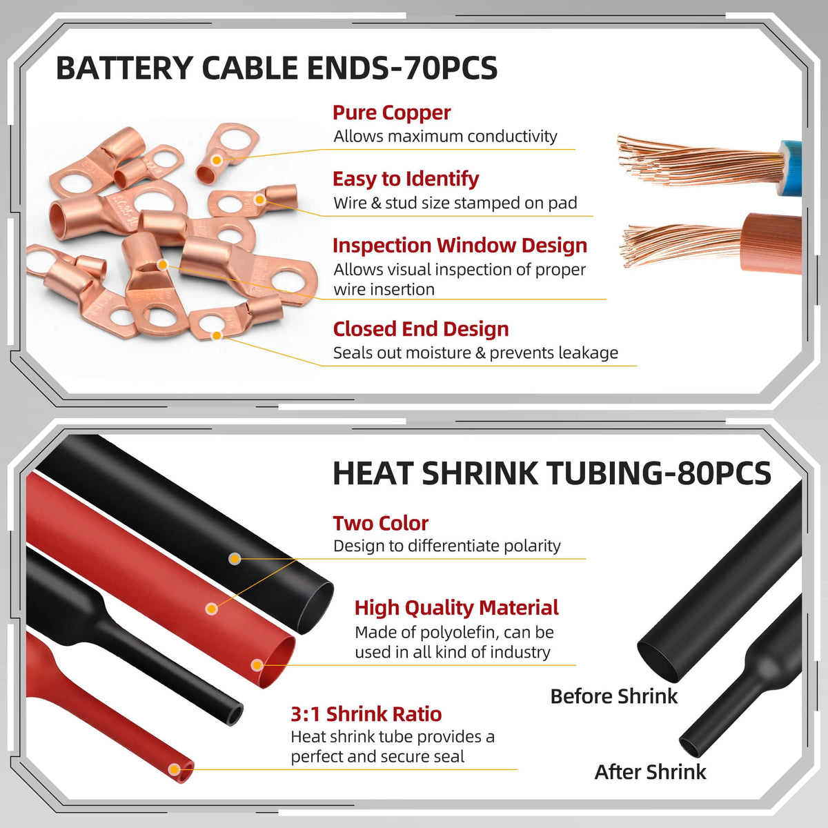 Fixdono 150pcs Battery Cable Ends, Copper Wire Lugs Assortment Kit for Marine Electrical Supplies