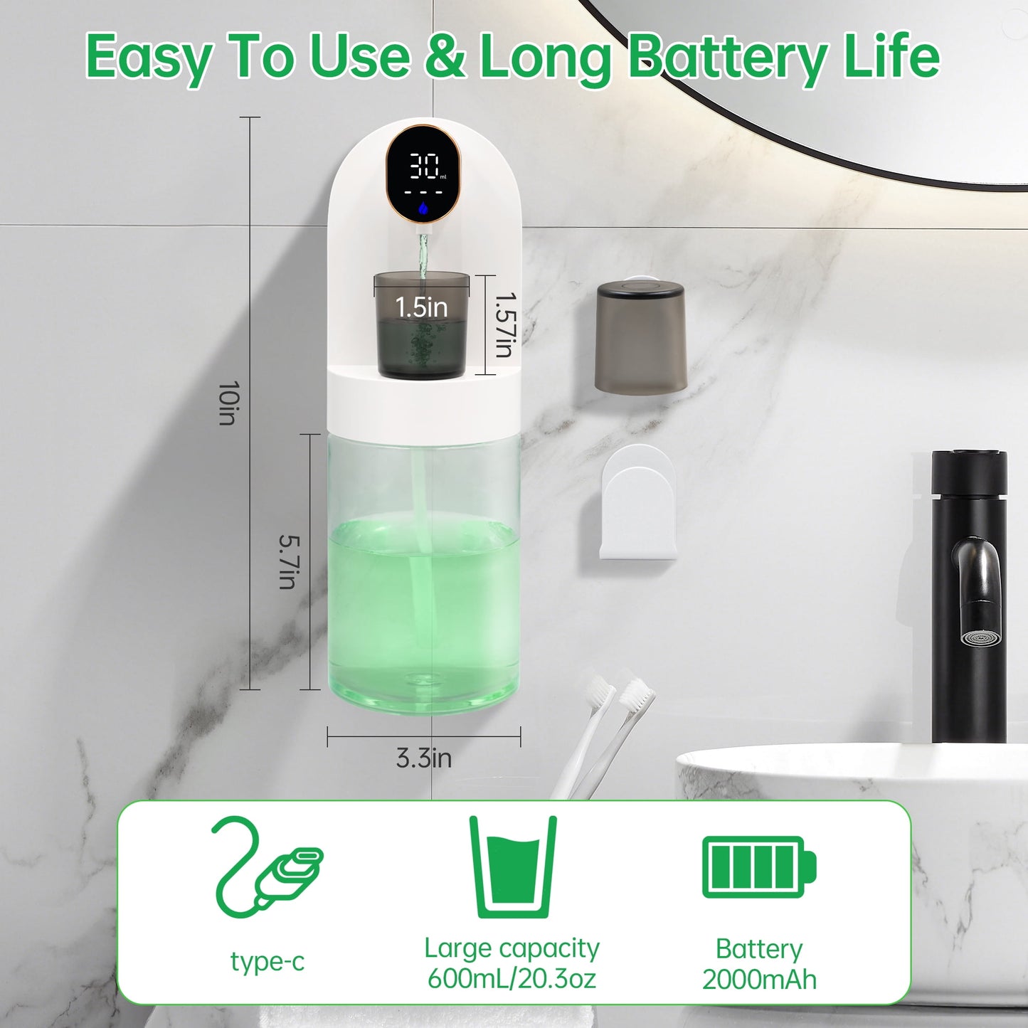 Automatic Mouthwash Dispenser for Bathroom, 20oz /600ml Rechargeable Electric Mouthwash Dispenser with Magnetic Cups, 180-Day Battery life, 4 Dispensing Levels, Wall Mounted ＆ Countertop Use