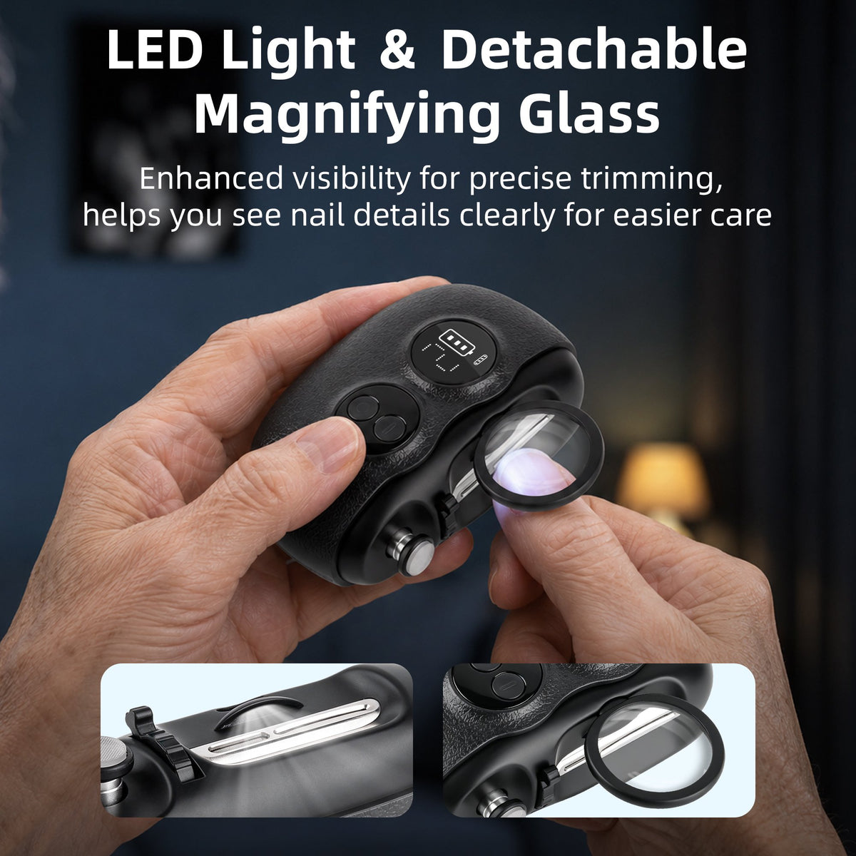 Electric Nail Clipper for Seniors, 2-Speed Nail Trimmer with Dual-Blade Design, LED Light and Magnifier, Black