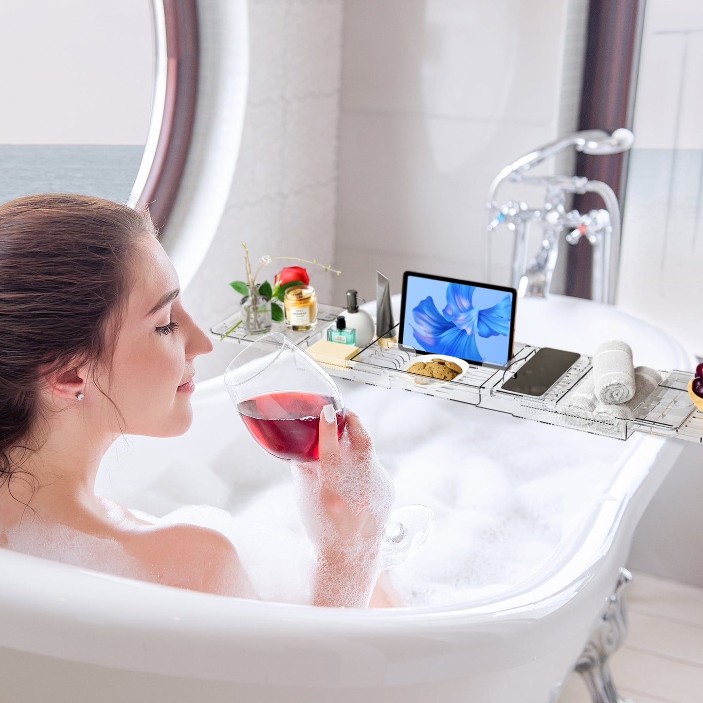 Bathtub Caddy Tray, Adjustable Bath Tray for Tub, Clear Tub Caddy Tray with Tablet PC Holder ＆ Wine Glass Holder, Tub Caddy for Bathroom Luxury Spa, Fits Most Tubs