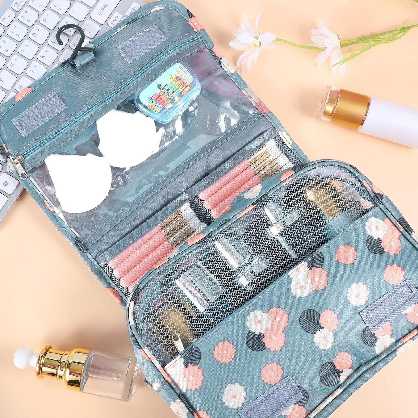 Toiletry Bag Travel Bag with Hanging Hook, Waterproof Makeup Cosmetic Bag Travel Organizer for Accessories, Full-size Container, Large Capacity