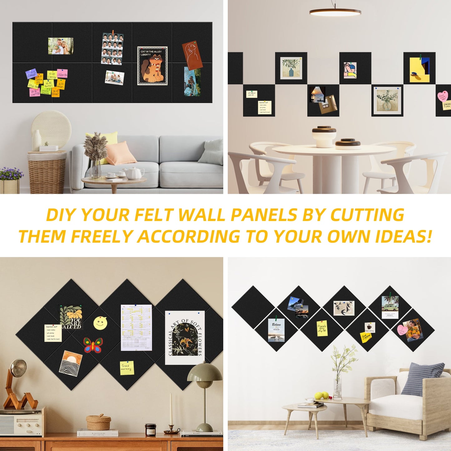 Fixdono Felt Tile Bulletin Board, 16 Pack Felt Wall Tiles with 100 Push Pins,10 Push Pin Clips, Sticky Notes, Large Alternative Cork Board for Walls Home Office, 47 X 47 inches