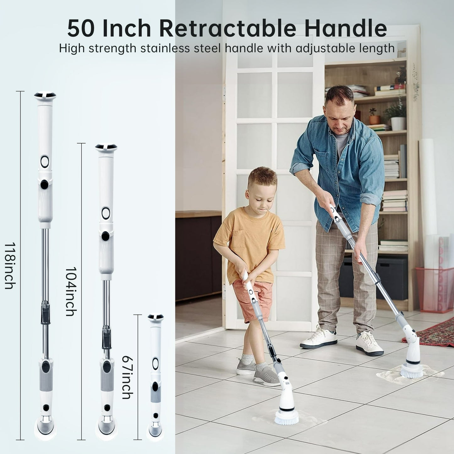 Electric Spin Scrubber, Full Body IPX7 Waterproof Cordless Shower Scrubber with Extension Handle＆Adjustable Angle,High Speed Power Scrubber with 4 Brush Heads for Bathroom, Tile, Tub, Glass & Sink