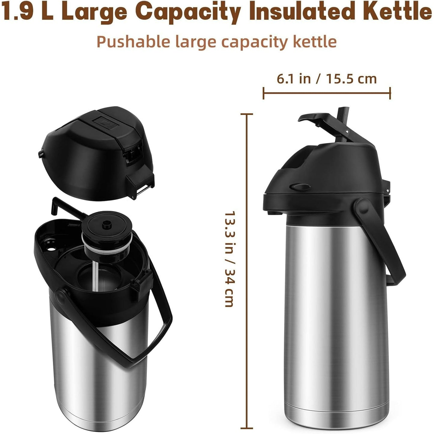 Tidymend 65oz Thermal Airpot Carafe with Pump, Stainless Steel Vacuum Insulated Coffee Dispenser for Hot and Cold Beverage (Silver）