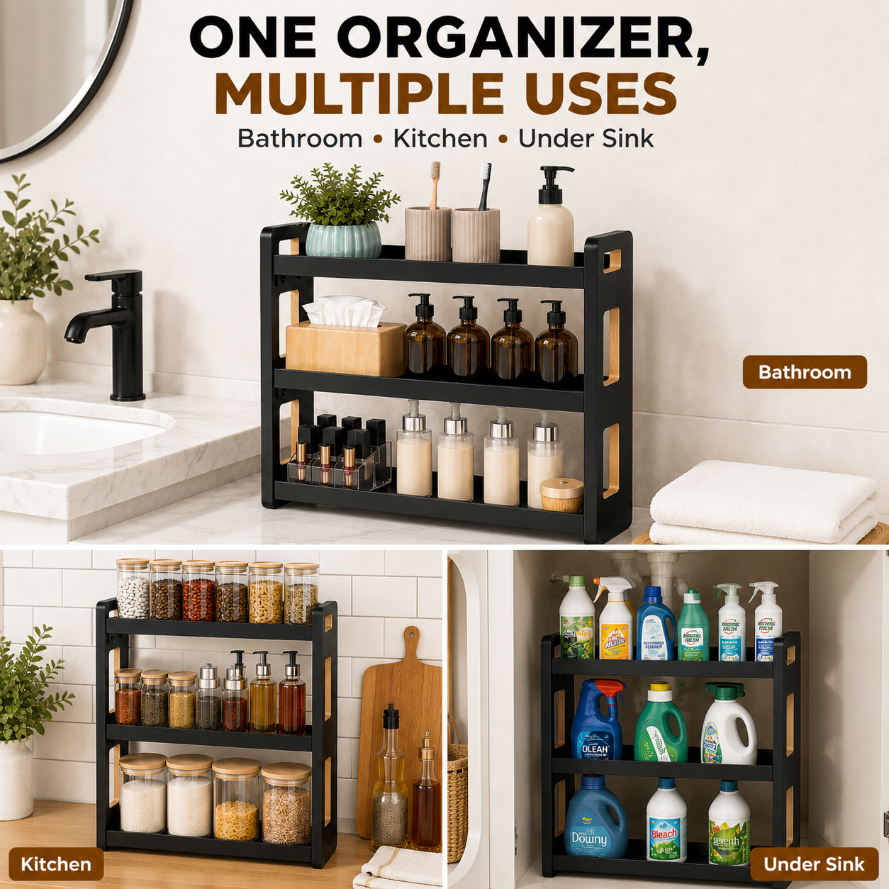 Fixdono 3 Tier Bathroom Counter Organizer, Wood-Look Counter Shelf for Toothbrush Holders, Under Sink Organizer, Spice Rack, Black