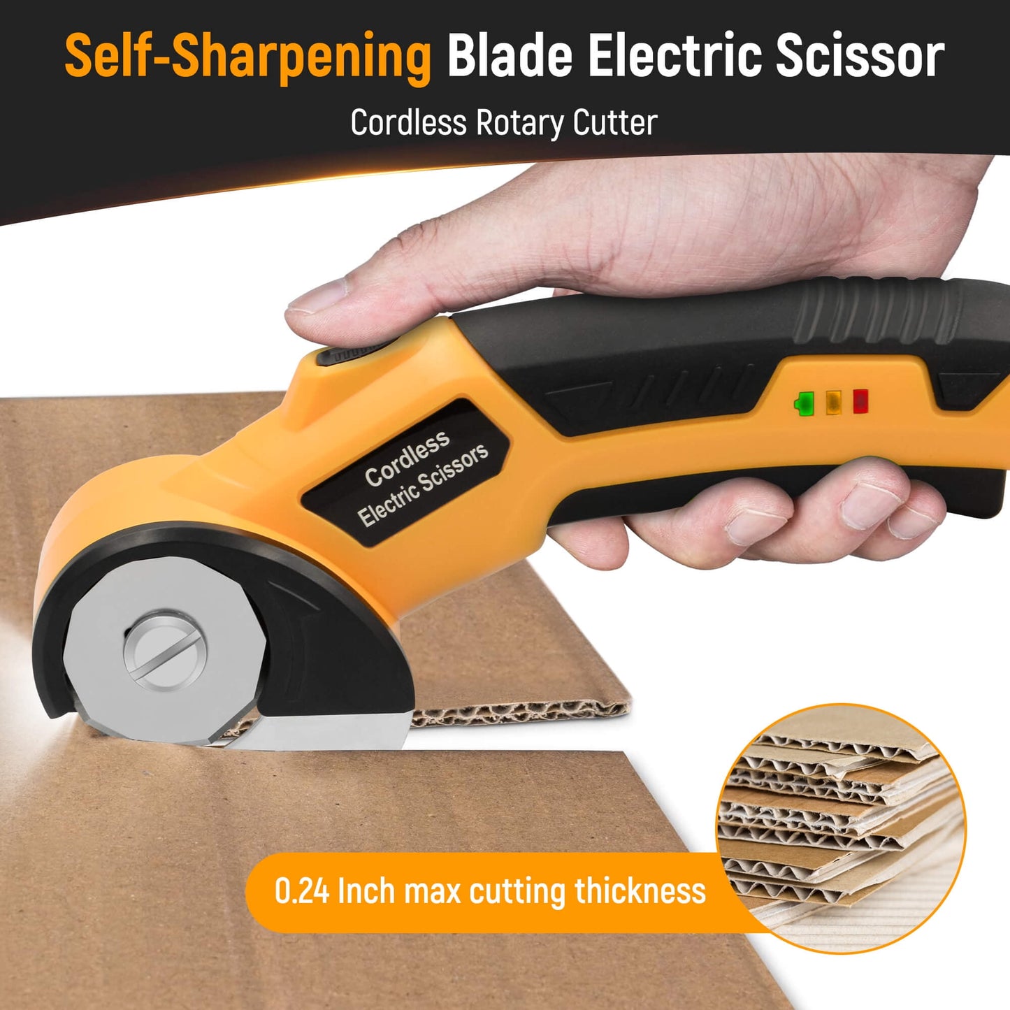 Tidymend Cordless Electric Scissors, 4V Rechargeable Cardboard Cutter with LED Light ＆ Replacement Blade, Rotary Cutter with Safety Lock for Fabric Carpet Leather Plastic Cutting (Yellow)