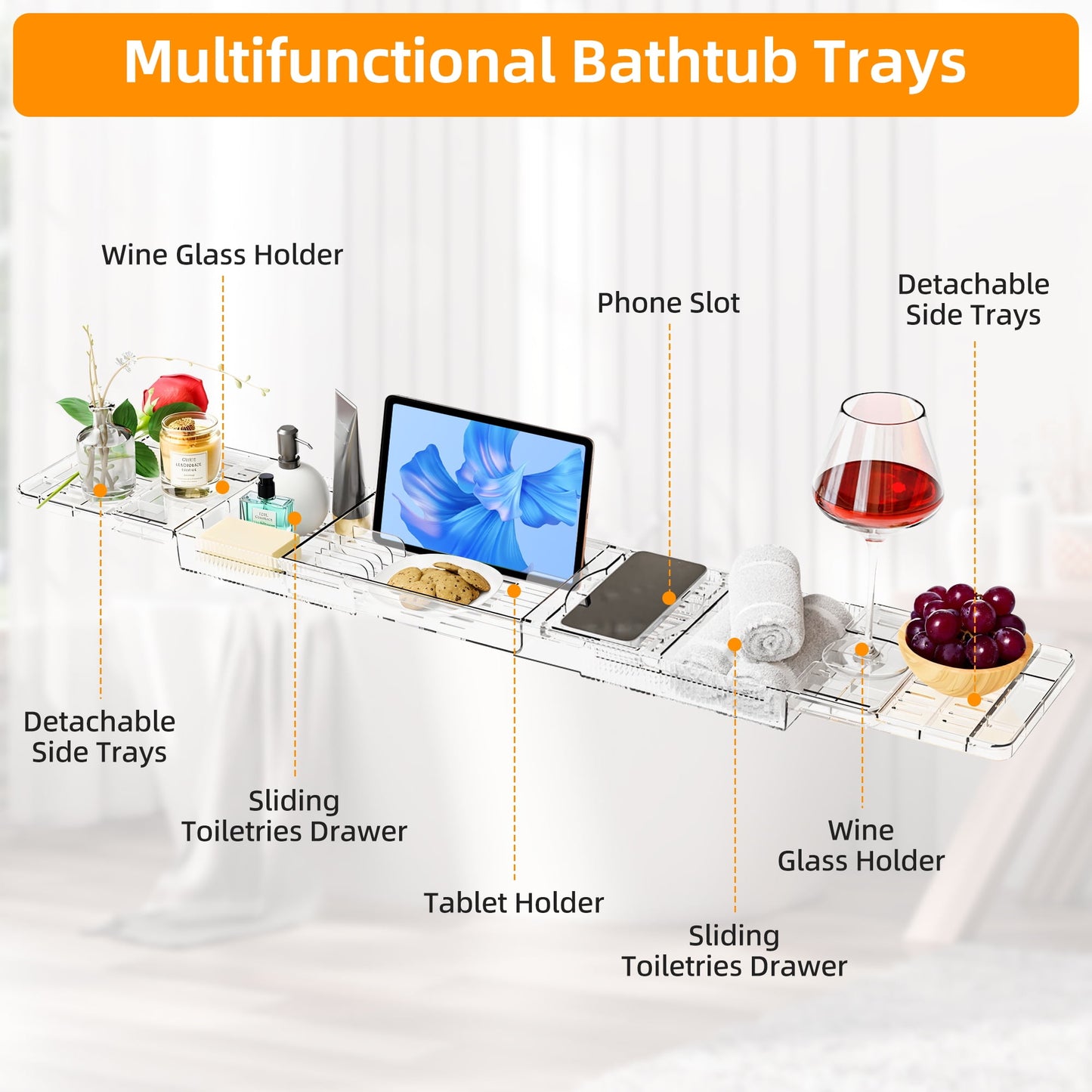 Bathtub Caddy Tray, Adjustable Bath Tray for Tub, Clear Tub Caddy Tray with Tablet PC Holder ＆ Wine Glass Holder, Tub Caddy for Bathroom Luxury Spa, Fits Most Tubs