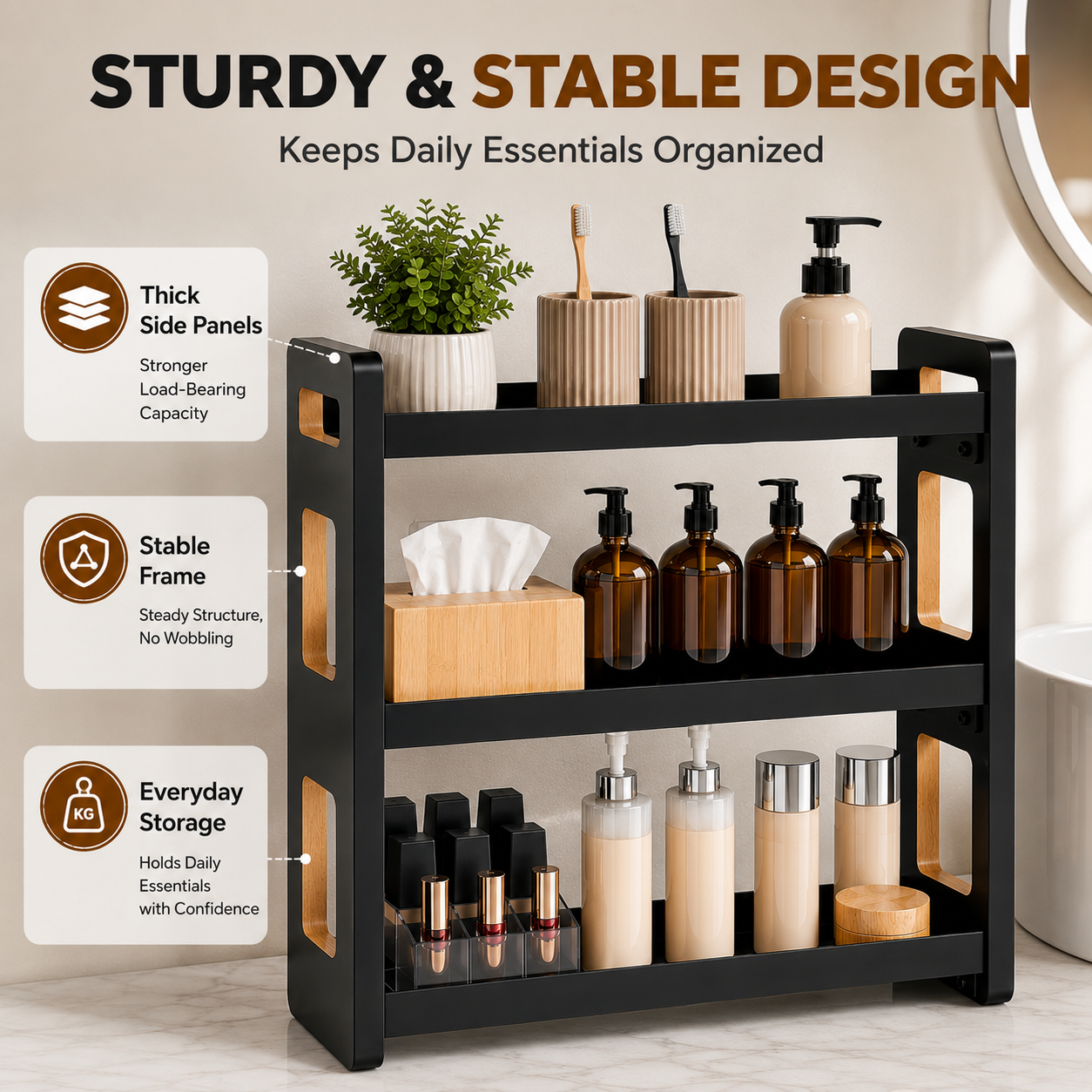 Fixdono 3 Tier Bathroom Counter Organizer, Wood-Look Counter Shelf for Toothbrush Holders, Under Sink Organizer, Spice Rack, Black