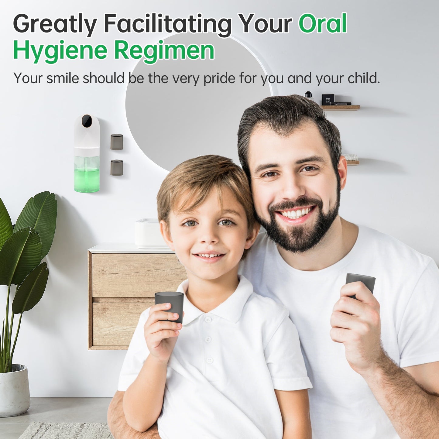 Automatic Mouthwash Dispenser for Bathroom, 20oz /600ml Rechargeable Electric Mouthwash Dispenser with Magnetic Cups, 180-Day Battery life, 4 Dispensing Levels, Wall Mounted ＆ Countertop Use