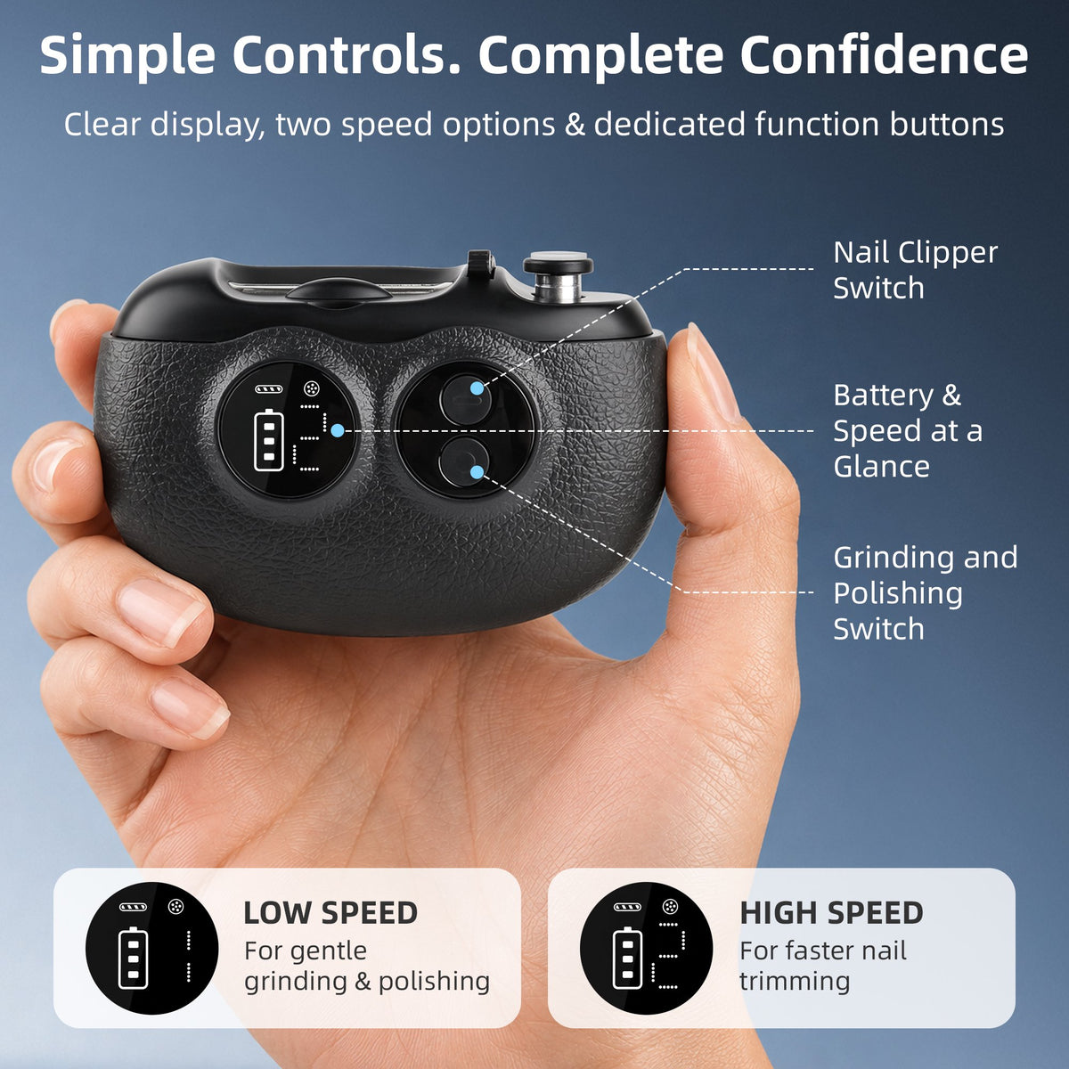 Electric Nail Clipper for Seniors, 2-Speed Nail Trimmer with Dual-Blade Design, LED Light and Magnifier, Black