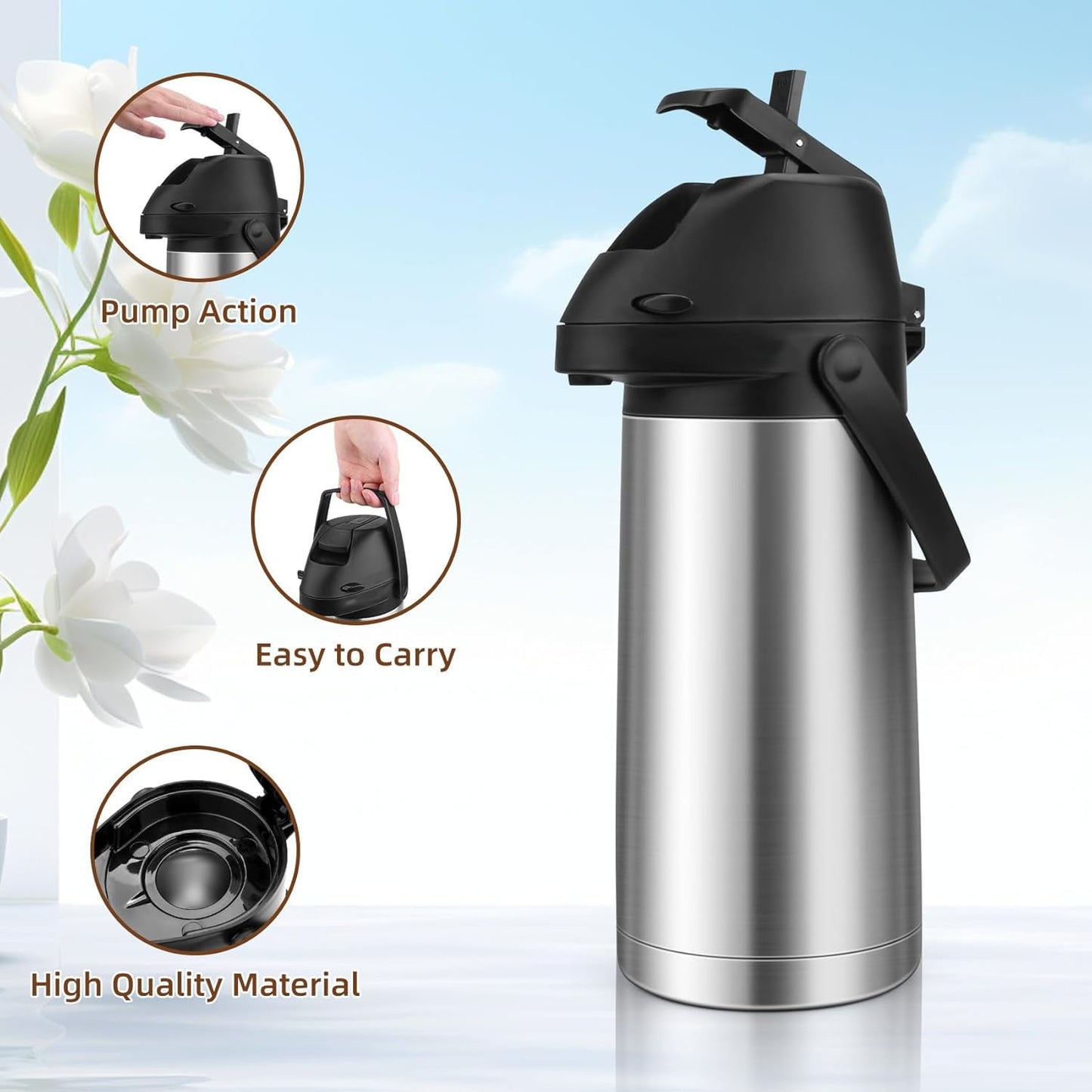 Tidymend 65oz Thermal Airpot Carafe with Pump, Stainless Steel Vacuum Insulated Coffee Dispenser for Hot and Cold Beverage (Silver）