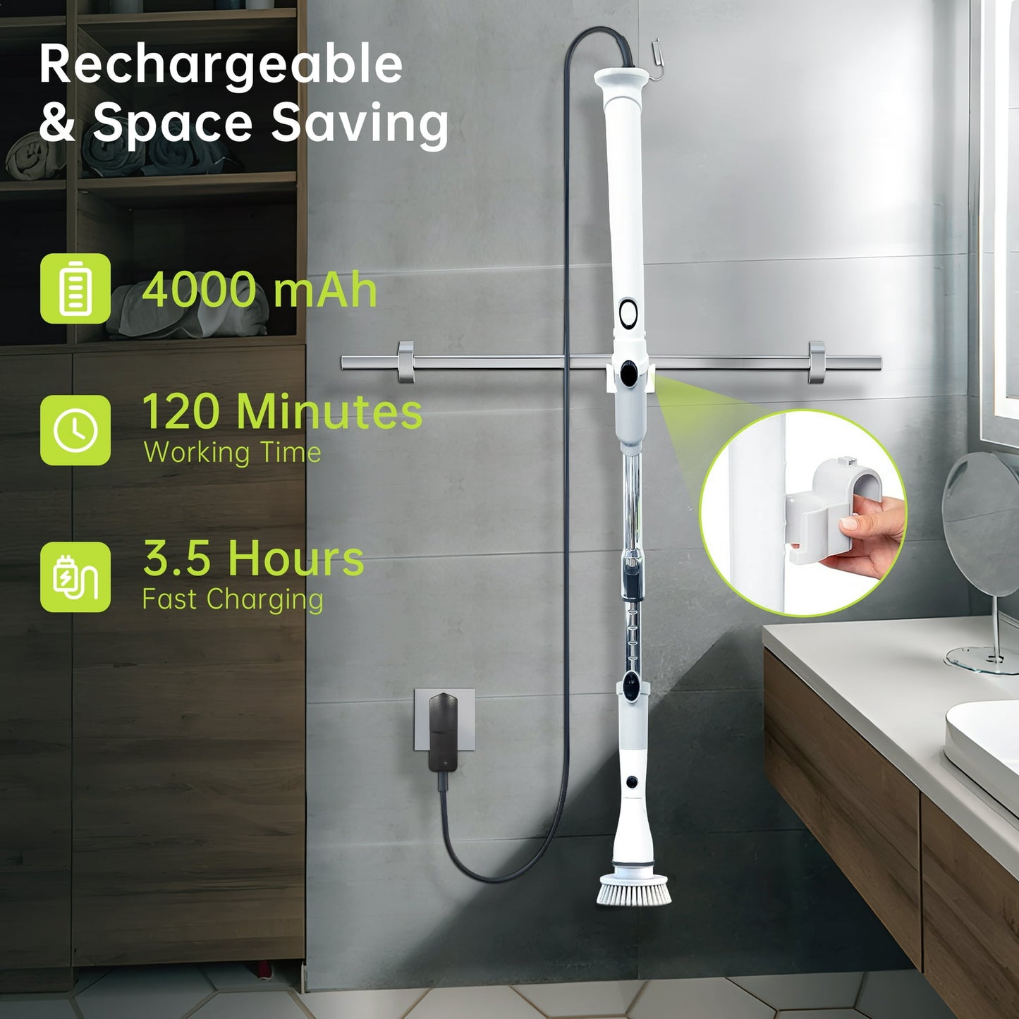 Electric Spin Scrubber, Full Body IPX7 Waterproof Cordless Shower Scrubber with Extension Handle＆Adjustable Angle,High Speed Power Scrubber with 4 Brush Heads for Bathroom, Tile, Tub, Glass & Sink