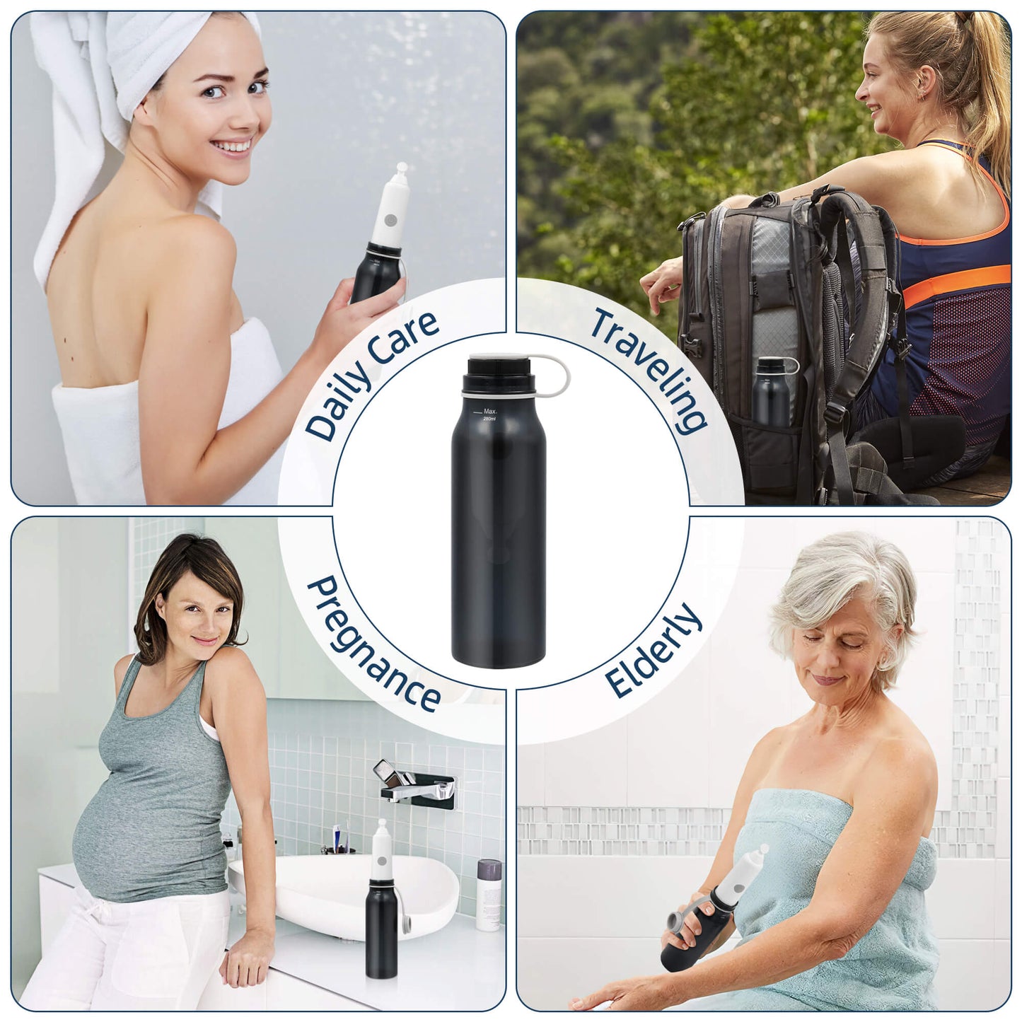 CreWear Portable Bidet for Travel, 280ML Large Capacity Rechargeable Handheld Personal Travel Bidet for Women Men Cleaning, Black