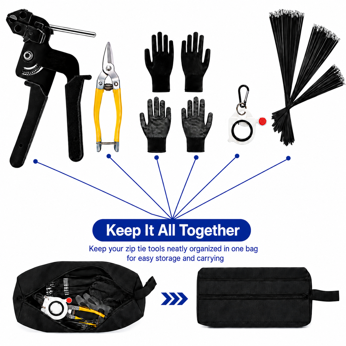 Cable Tie Gun Kit with 300pcs Stainless Steel Zip Ties, 3 Sizes (8", 12", 16"), Heavy-Duty Tensioning & Cutting Tool for Chain Link Fence, Exhaust Wrap