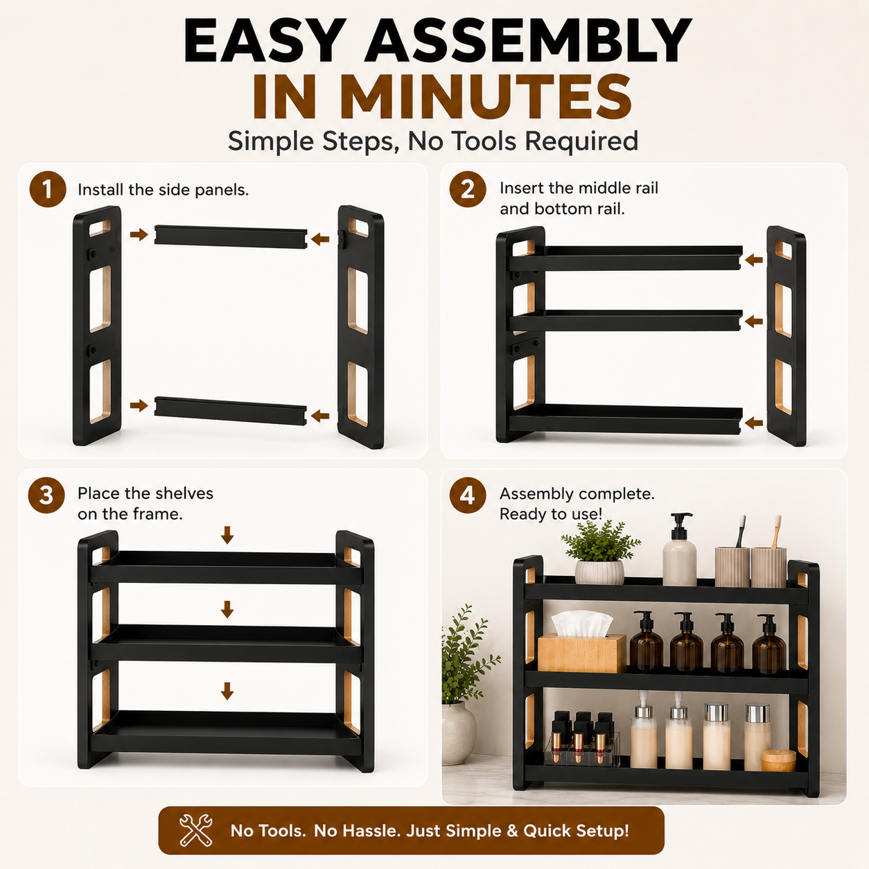 Fixdono 3 Tier Bathroom Counter Organizer, Wood-Look Counter Shelf for Toothbrush Holders, Under Sink Organizer, Spice Rack, Black