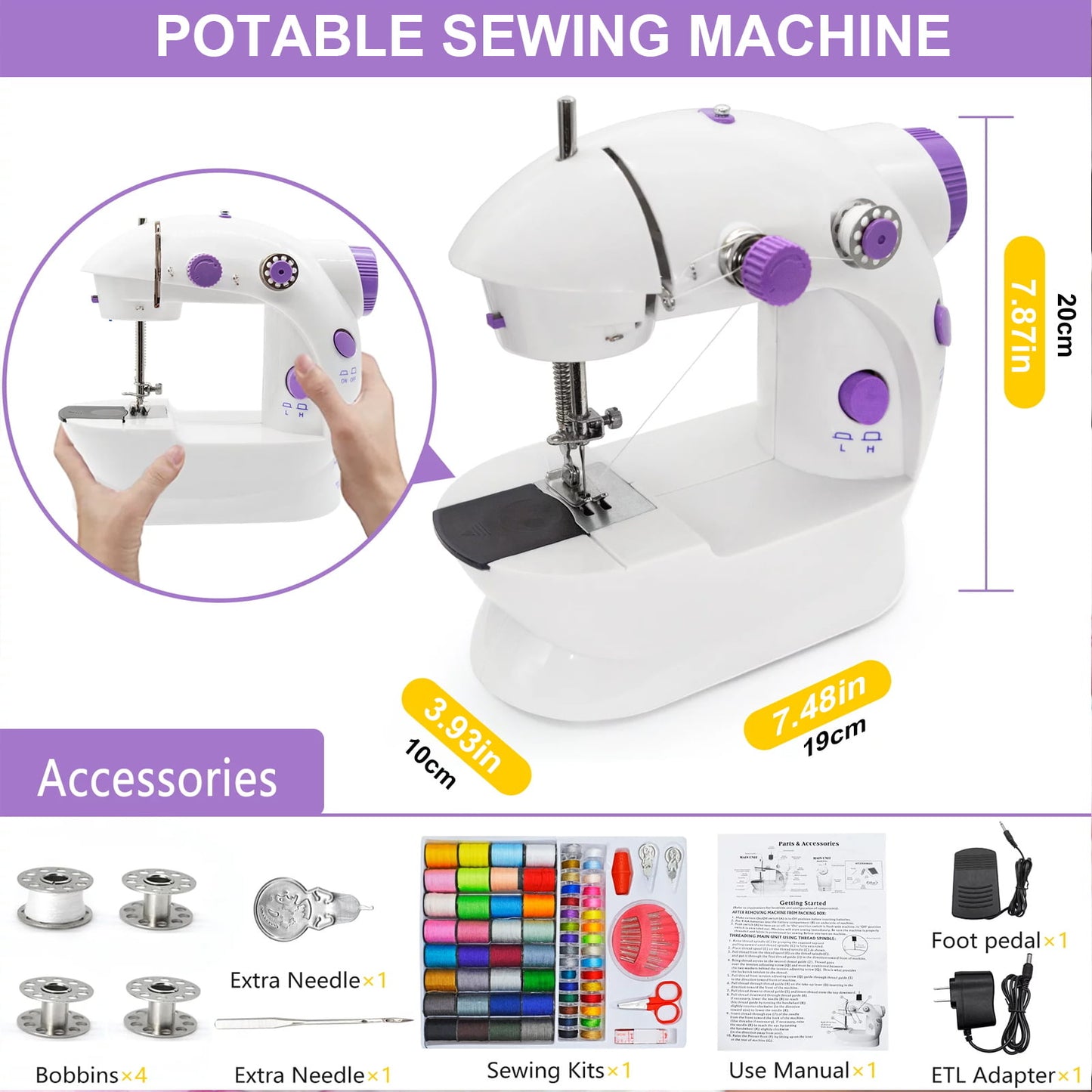 Fixdono Sewing Machine, Mini Sewing Machine for Beginner, Lightweight & Portable with LED, Dual Speed, Foot Pedal, Electric Sewing Kit for Home