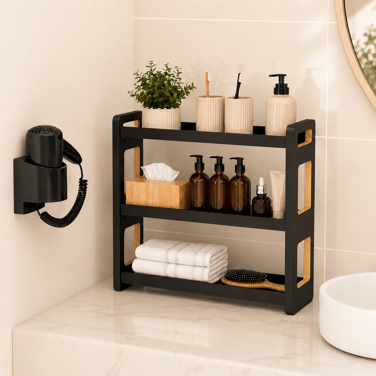 Fixdono 3 Tier Bathroom Counter Organizer, Wood-Look Counter Shelf for Toothbrush Holders, Under Sink Organizer, Spice Rack, Black