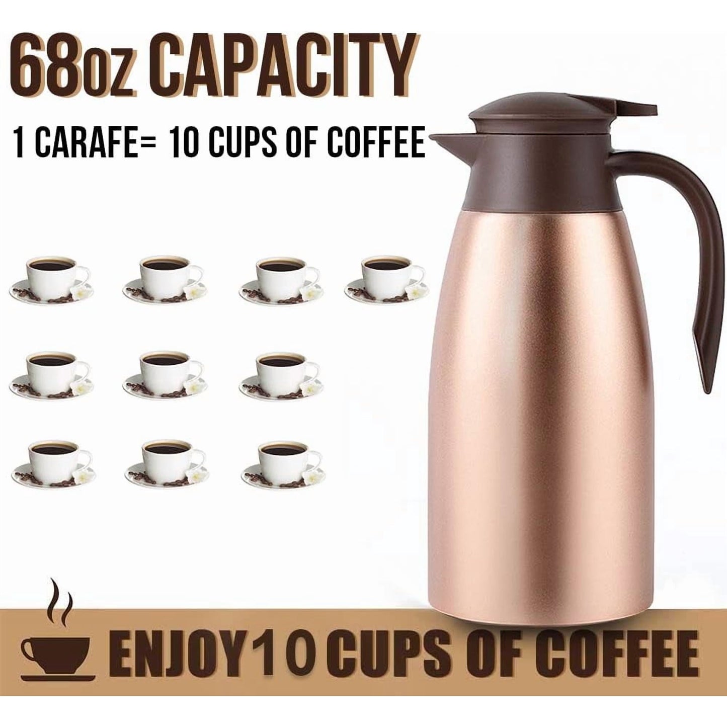 68oz Thermal Coffee Carafe, Stainless Steel Vacuum Insulated Coffee Thermos for Hot and Cold Beverage (Gold）
